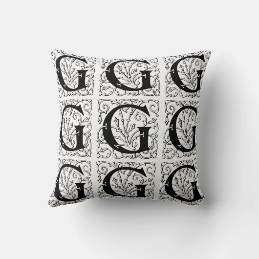 Monogram G Initiaal Black en White Floral Pattern Kussen (Achterkant)