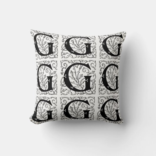 Monogram G Initiaal Black en White Floral Pattern Kussen (Voorkant)