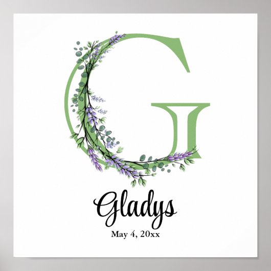 Monogram G Lavender Eucalyptus nursery Poster (Voorkant)
