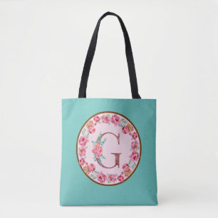 Monogram G Letter met Peony Flower Afbeelding Canv Tote Bag