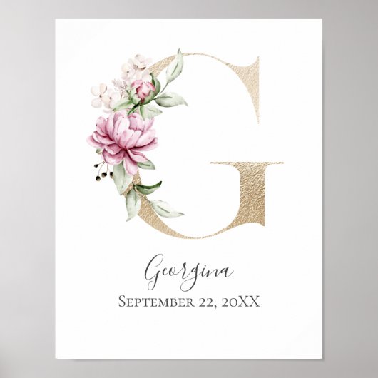 Monogram G Roze witte Floral Gold Letter Neursery Poster (Voorkant)