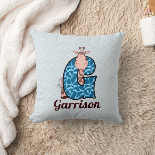 Monogram G van het Kind Blauwe en bruine Giraffe Kussen (Deken)