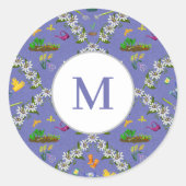 Monogram Gardening Damask Paars Pattern Ronde Sticker (Voorkant)