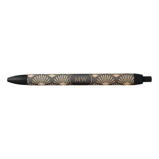 Monogram Gatsby Art Deco geometrisch waaierpatroon Zwarte Inkt Pen (Voorkant)