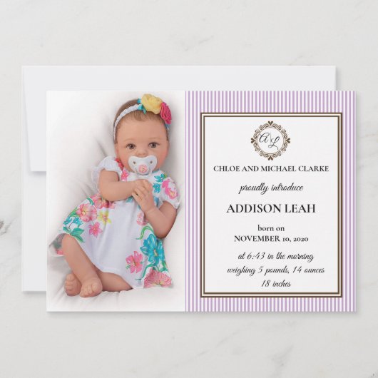 Monogram geboorteaankondiging kaart (Voorkant)