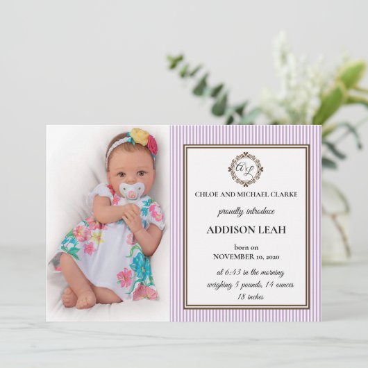 Monogram geboorteaankondiging kaart (Staand voorkant)