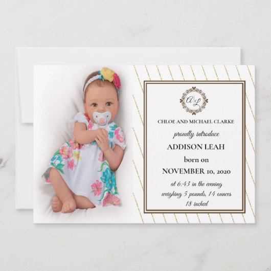 Monogram geboorteaankondiging kaart (Voorkant)