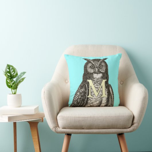 Monogram Geel Aqua Gray  Owl Illustratie Kussen (Stoel)