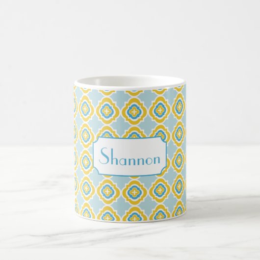 Monogram Geel Blauw Quatrefoil Mok - Aangepaste Mo (Center)