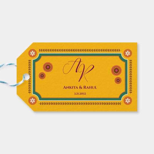 Monogram Geel Bloemen Aangepaste Indiase Huwelijks Cadeaulabel (Achterkant Horizontaal)