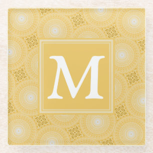 Monogram geel cirkelpatroon glazen onderzetter