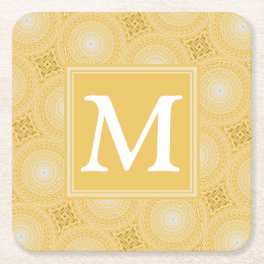 Monogram geel cirkelpatroon kartonnen onderzetters (Voorkant)