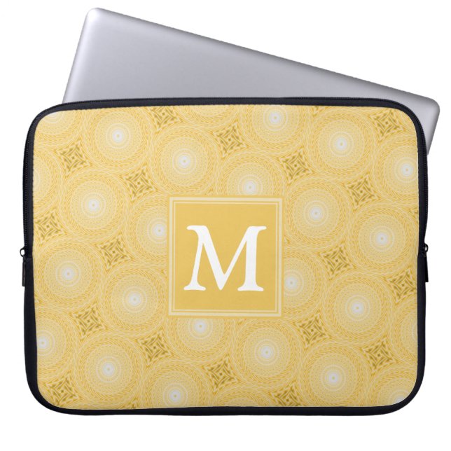 Monogram geel cirkelpatroon laptop sleeve (Voorkant)
