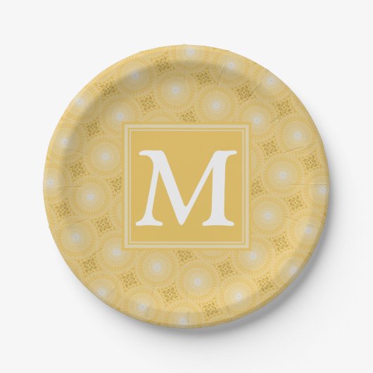 Monogram geel cirkelpatroon papieren bordje (Voorkant)