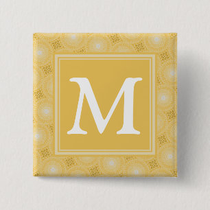 Monogram geel cirkelpatroon vierkante button 5,1 cm