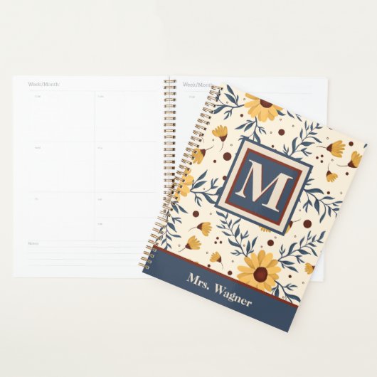 Monogram Geel Daisy Floral Teacher Initiaal Planner (Display)