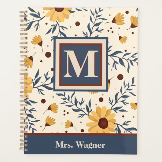 Monogram Geel Daisy Floral Teacher Initiaal Planner (Voorkant)