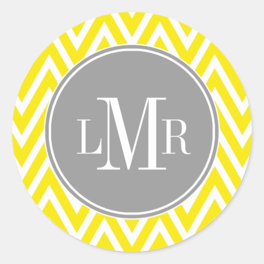 Monogram geel en grijze Chevrons Ronde Sticker (Voorkant)
