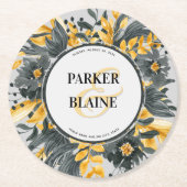Monogram Geel en grijze Floral Waterverf Weddensch Ronde Kartonnen Onderzetter (Voorkant)