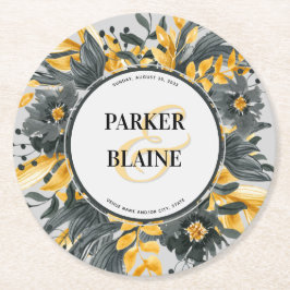 Monogram Geel en grijze Floral Waterverf Weddensch Ronde Kartonnen Onderzetter