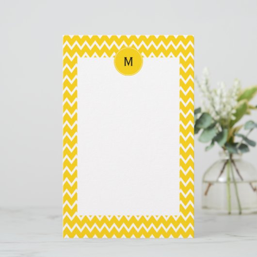 Monogram Geel en wit Zigzag Patroon Briefpapier (Staand voorkant)