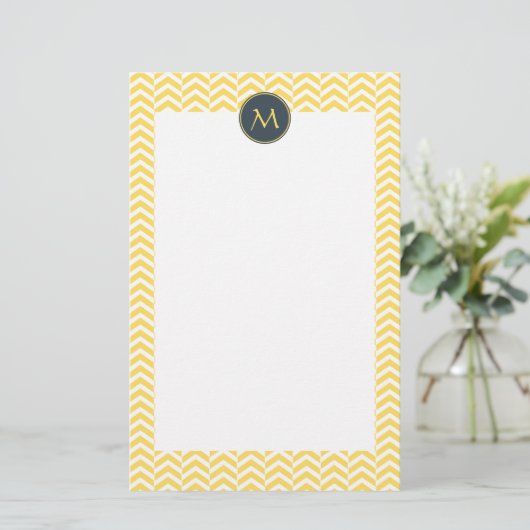 Monogram Geel en Witte Chevron met houtskool Briefpapier (Staand voorkant)