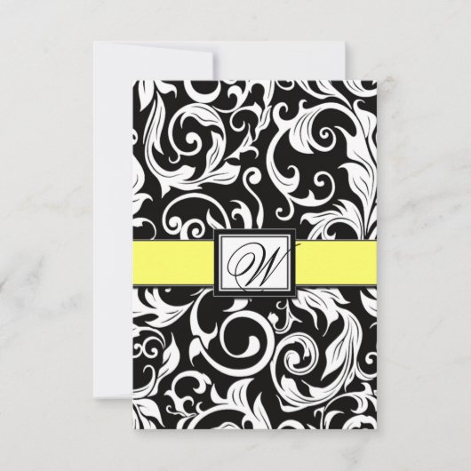 Monogram Geel en zwart Damask Wedding RSVP-kaarten RSVP Kaartje (Voorkant)
