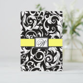 Monogram Geel en zwart Damask Wedding RSVP-kaarten RSVP Kaartje (Staand voorkant)