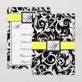 Monogram Geel en zwart Damask Wedding RSVP-kaarten RSVP Kaartje (Voorkant / Achterkant)