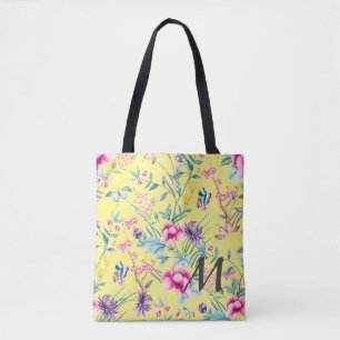 Monogram geel Floral & Butterfly Tote Bag