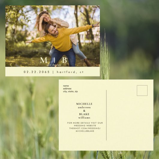 Monogram Geel Fotobruiloft Sla de datum op Briefkaart