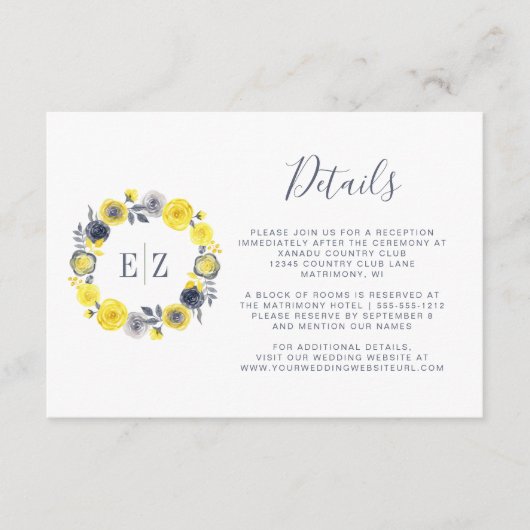 Monogram Geel Grijs Bloemen Krans Bruiloft Details Informatiekaartje (Voorkant)
