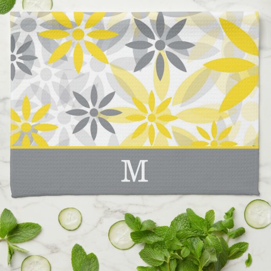 Monogram geel grijs bloemenpatroon theedoek (Gevouwen)