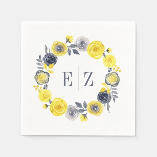 Monogram Geel Grijs Boho Bloemen Krans Bruiloft Servet (Voorkant)