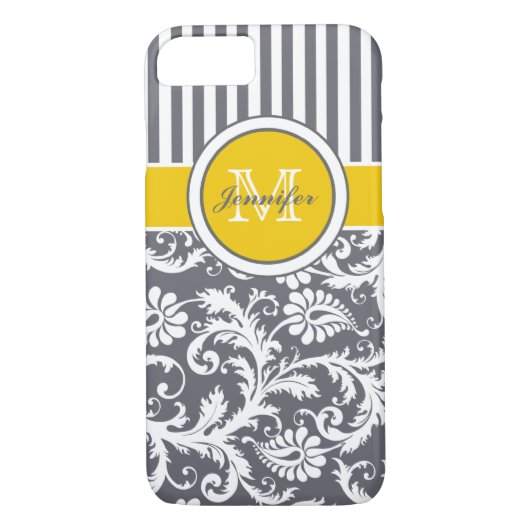 Monogram Geel Grijs Witte Stripe Damask Case-Mate iPhone Case (Achterkant)