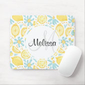 Monogram geel lamon & blauw bloemen muismat (Met muis)