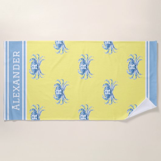 Monogram Geel N Blauwe Waterverf Krab Nautisch Strandlaken (Voorkant)