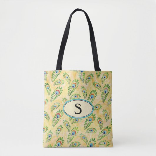 Monogram geel pauw blauw patroon herbruikbaar tote bag (Voorkant)