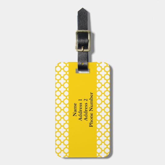 Monogram Geel Quatrefoil Patroon Bagagelabel (Voorkant verticaal)