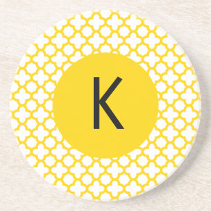 Monogram Geel Quatrefoil Patroon Zandsteen Onderzetter