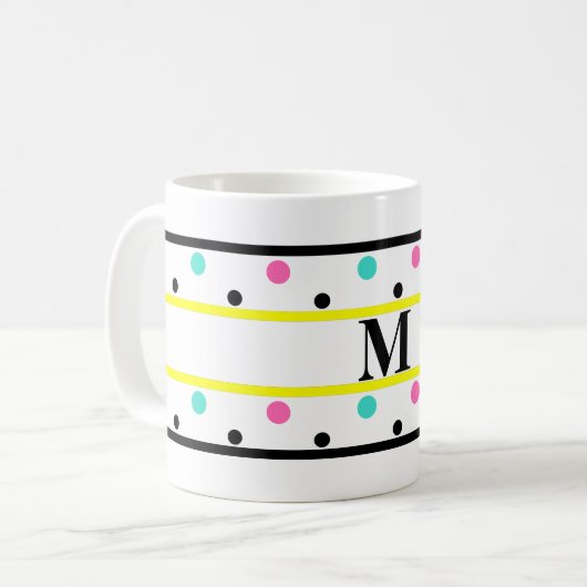 Monogram Geel Roze Turquoise Polka Dots Koffiemok (Voorkant links)
