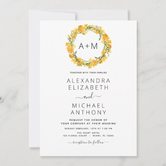 Monogram Geel Sinaasappel Uitnodiging tot bruiloft (Voorkant)