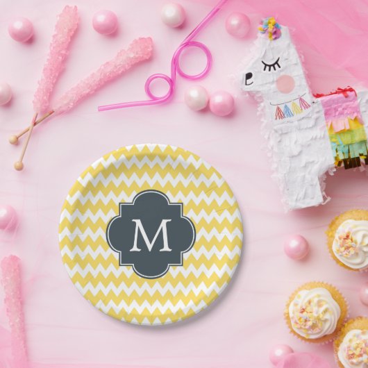 Monogram Geel, wit en houtskool Chevron Papieren Bordje (Feest)