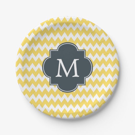 Monogram Geel, wit en houtskool Chevron Papieren Bordje (Voorkant)