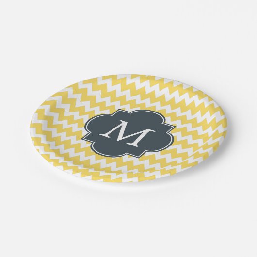 Monogram Geel, wit en houtskool Chevron Papieren Bordje (Gekanteld)