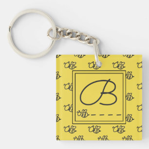 Monogram geel zomerbijenpatroon sleutelhanger