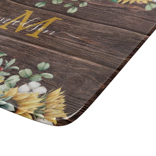 Monogram Geel Zonnebloem Eucalyptus Bruin Hout Snijplank (Hoek)