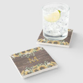 Monogram Geel Zonnebloem Eucalyptus Bruin Hout Stenen Onderzetter (Zijkant)