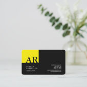 Monogram Geel Zwart Modern Linen Visitekaartje (Staand voorkant)