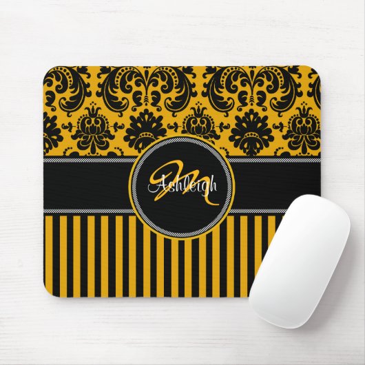 Monogram Geel Zwart Witte Stripe Damask Mousepad Muismat (Met muis)
